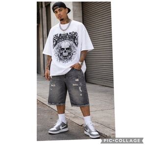 CSG CHAMPS SPORTS MENS DENIM SHORTS BLACK WASH DISTRESSED RIPPED